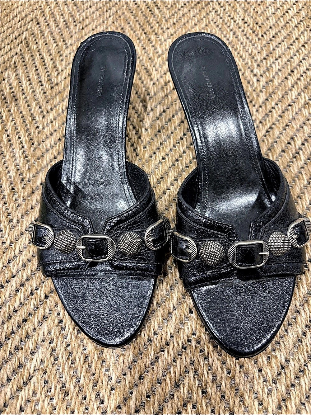 Balenciaga City Studded Leather Mules Black Heels